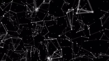 Beyaz pleksus parçacığı alfa kanalıyla şeffaf arkaplanda hareket ediyor. Çizgileri ve noktaları olan animasyon dijital teknoloji pleksi. Moleküller, veriler, yapay zeka kavramı. 4k.