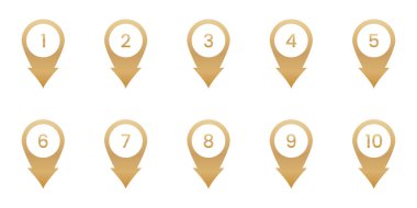 Numaralı Altın Konum Pin Simgesi Ayarlandı. Sıralı Numaralandırma ve Seyrüsefer Altın İşaretli Sembol Koleksiyonu. Yer belirleme, haritalama ve yol bulma tasarım elementleri. İzole Vektör İllüstrasyonu.