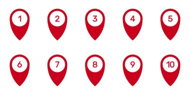 Yönlendirme ve Haritalama Simgesi Ayarları için Numaralı Pin İşaretleyicileri. Haritalar ve İzleme Sembol Koleksiyonu için Coğrafi Konum Göstergeleri ve Yol Noktası İğneleri. İzole Vektör İllüstrasyonu.