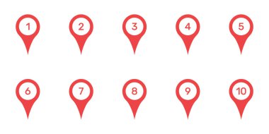 Numaralı Konum Pin Katı Simge Ayarları. Sıralı Navigasyon, Yol Planlama ve Yer Belirleme Silueti Sembol Koleksiyonu. Numaralı Harita İşaretçisi. İzole Vektör İllüstrasyonu.