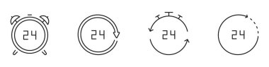 24 Saat Döngüsü Çizgisi Simgesi Ayarlandı. Sürekli Operasyon, Kullanılabilirlik ve Hizmet Süresi Sembol Koleksiyonu. Zaman Yönetimi ve Zamanlama. Düzenlenebilir Vuruş. İzole Vektör İllüstrasyonu.