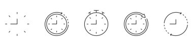 Saat ve Zaman Yönetimi Satır Simgesi Ayarlandı. Zaman İzleme, Zaman Çizelgesi ve Stopwatch Sembol Koleksiyonu. Verimli Zaman Yönetimi ve Planlama. Düzenlenebilir Vuruş. İzole Vektör İllüstrasyonu.