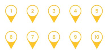 Sarı Konum Pin Simgesi Ayarları. Numaralı Pin Haritası. Altın İşaretçi Simgeleri Koleksiyonu. İzole Vektör İllüstrasyonu.