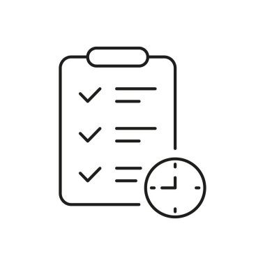 Saat Çizgisi Simgesi ile Kontrol Listesi. Görev Yönetimi, Zaman İzleme ve Üretim Planlama Sembolü. Verimli Çalışma ve Programlama. Düzenlenebilir Vuruş. İzole Vektör İllüstrasyonu.