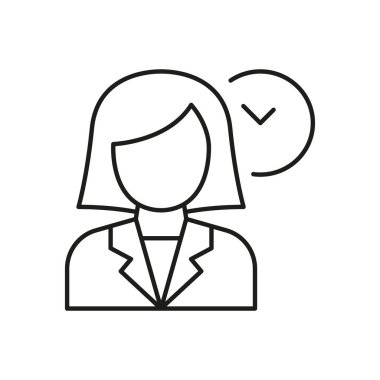 Saat Çizgisi Simgesi olan Profesyonel Kadın. Zaman Yönetimi, Programlama ve Üretim Ana Hattı Sembolü. İş Verimliliği ve Planlama. Düzenlenebilir Vuruş. İzole Vektör İllüstrasyonu.