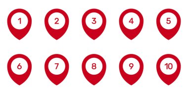 Yönlendirme ve Haritalama Simgesi Ayarları için Numaralı Pin İşaretleyicileri. Haritalar ve İzleme Sembol Koleksiyonu için Coğrafi Konum Göstergeleri ve Yol Noktası İğneleri. İzole Vektör İllüstrasyonu.