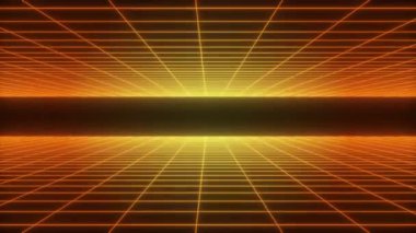 Yatay soyut parlayan şebeke arka planında turuncu ve alfa kanallı sarı ızgara var. Soyut gelecek sentetik dalga rengi minimum arkaplan animasyonu oluşturuldu. 80 'lerin tarzı eski moda. Kusursuz döngü 4K.