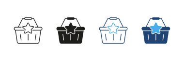 Yıldız çizgisi ve Katı Simge seti olan sepet alışverişi. Premium Alışveriş Deneyimi ve Müşteri Sadakati Özeti ve Siluet Sembol Koleksiyonu. Perakende ve E-Ticaret. İzole Vektör İllüstrasyonu.