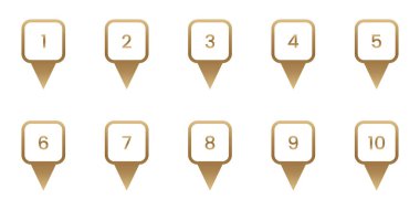 Numaralı Altın Konum Pin Simgesi Ayarlandı. Sıralı Numaralandırma ve Seyrüsefer Altın İşaretli Sembol Koleksiyonu. Yer belirleme, haritalama ve yol bulma tasarım elementleri. İzole Vektör İllüstrasyonu.