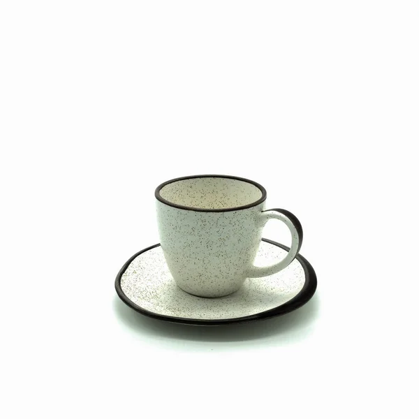 Beige Porcelain Cup Saucer Small Brown Dots Rims Side View — Stock Photo, Image