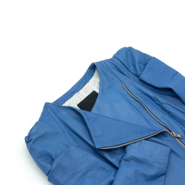 Mavi Hakiki Deriden Yapılmış Bir Kadın Ceketi Parçası Katlar Dikişlerle — Stok fotoğraf