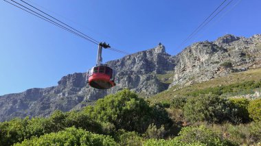 Füniküler, Cape Town 'daki Masa Dağı' na çıkıyor. Mavi gökyüzünün arka planı, kablolar, kırmızı yuvarlak bir kabin. Kayalık yamaçlar dik ve kayalıktır. Yerdeki yeşil bitki örtüsü. Güney Afrika