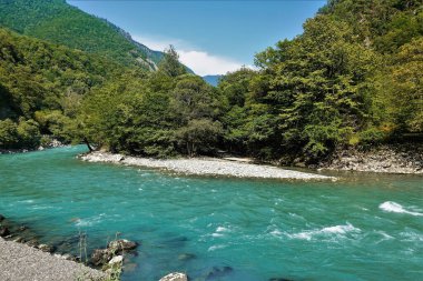Yeşil dağ yamaçları arasında turkuaz bir nehir akıyor. Su köpürüyor. Ağaçlar kayalık adada yetişir. Yaz güneşli bir gün. Abhazya