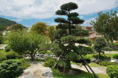 Parkın peyzajı Japon tarzında. Mecazi olarak taştan yolları olan yeşil bir çimenlikte taç kesen ağaçlar. Beyaz bulutlu mavi gökyüzü. Vietnam