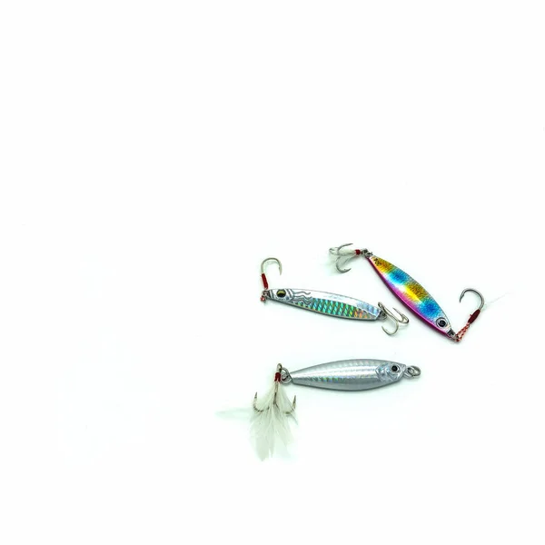 Accessori Pesca Esche Tre Pesci Brillanti Plastica Argento Verde Arcobaleno — Foto Stock