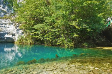 The turquoise water of the mountain lake is transparent. Stones and algae are visible at the bottom. The reservoir is surrounded by white rocks with green vegetation. Blue Lake. Abkhazia clipart