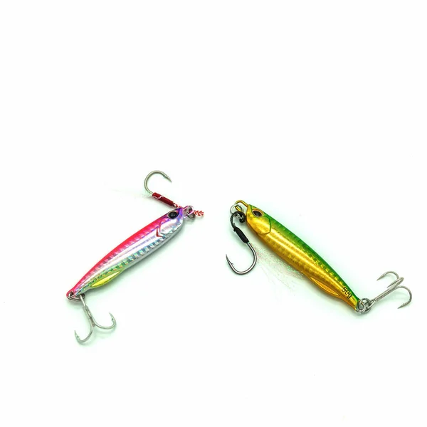 Fishing Accessories Artificial Bait Two Shiny Rainbow Fish Metal Hooks — Stock Photo, Image