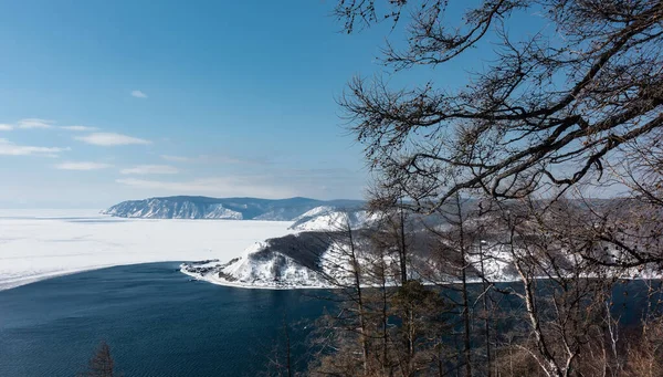 Top view of the border between the white ice of the frozen Lake Baikal and the blue water of the source of the non-freezing Angara River. Mountains against the sky. Bare tree branches in the foreground.