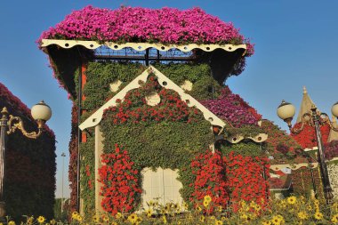 Decorative fairy house in the park against the blue sky. The walls and roof are braided with multi-colored petunias. There are yellow flowers in the flowerbed. Lanterns nearby. Dubai