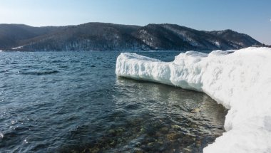 Buzlu ve karla kaplı hortum buzsuz nehre çıkar. Suyun üzerindeki buz saçakları. Taşlar en altta görünür. Mavi gökyüzüne karşı sıradağlar. Angara. Sibirya