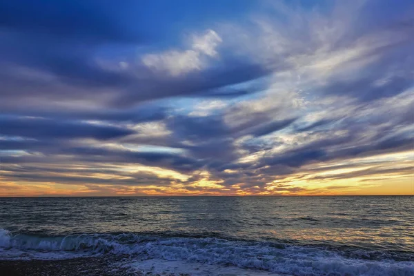 Colorful Sunset Black Sea Sun Disappeared Purple Clouds Blue Sky — Stock Photo, Image