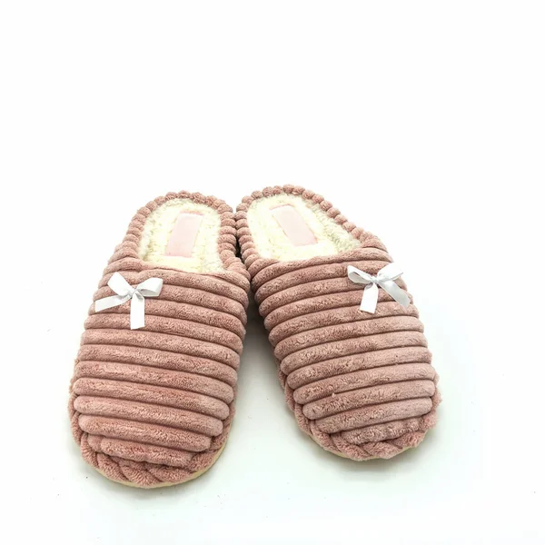 Roze Warme Huisslippers Voor Vrouwen Gemaakt Van Fluted Pluche Versierd — Stockfoto