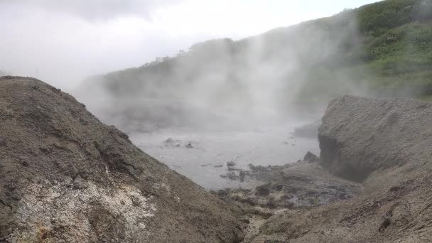 お湯は温泉に入っています 泡と表面上のスプラッシュ 蒸気と煙が空に飛び込む 丘の中腹に緑の植生 手前には絵のように美しい岩があります カムチャツカ — ストック動画