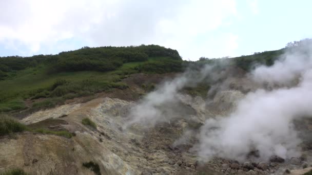 浓密的热气从山顶上方的烟道升上天空 土壤里有硫磺沉积 附近有绿色的植被 堪察加半岛 — 图库视频影像