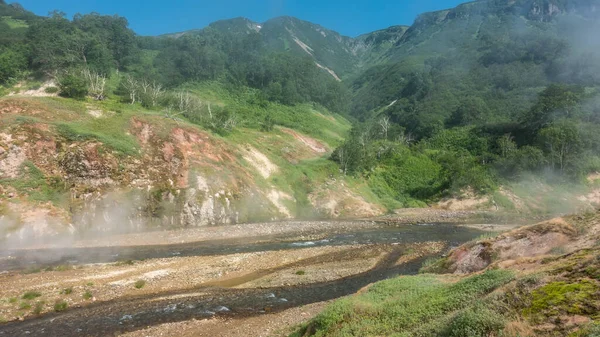 河水沿着岩石的河床流过 水在发泡 山坡上有绿色的植被 来自温泉的蒸汽在地面上飞舞 间歇泉谷堪察加半岛 — 图库照片