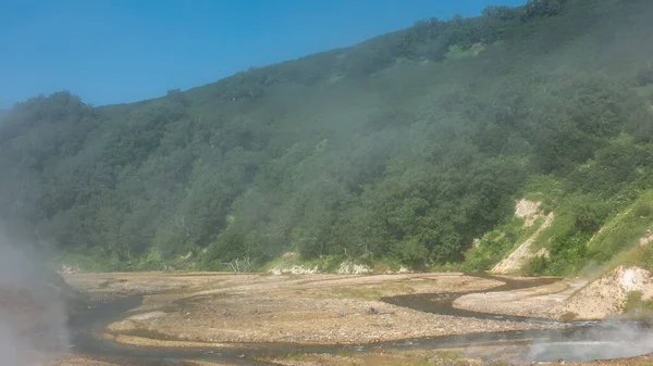 Río Fluye Largo Lecho Rocoso Valle Los Géiseres Hay Vegetación — Foto de Stock