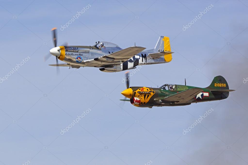 Aviones vintage P-51 Mustang y P-40 Warhawk volando juntos en formación