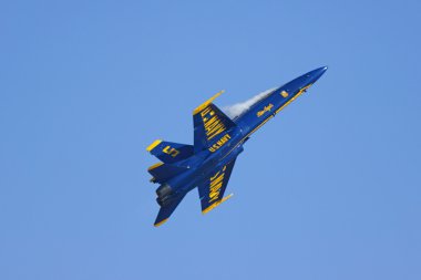 Jet Airplane Blue Angels F-18 Hornet flying fast at 2015 Miramar Air Show in San Diego, California