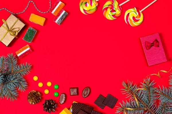 Sweet Candy Gifts Red Background Room Text — Stock Photo, Image