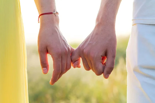 Guy Girl Holding Hands Littles Nature Summer Field Love Two — Stock Photo, Image