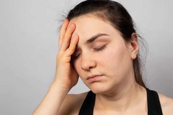 Tired Woman Holds Her Hand Her Head Moneylessness Low Wages — Stock Photo, Image