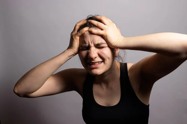 Woman Grabs Her Head Her Hands Gets Angry Family Quarrels — Stock Photo, Image