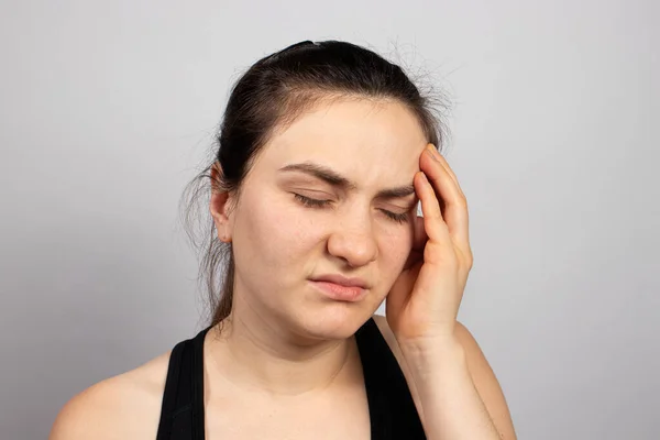 Tired Woman Holds Her Hand Her Head Moneylessness Low Wages — Stock Photo, Image