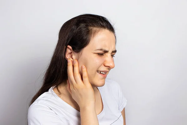 Woman Has Sore Ear Infection Inflammation Infection Otitis Perforation Ruptured — Stock Photo, Image