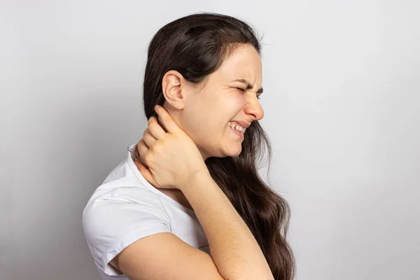 Woman Had Neck Muscle Cramp Tension Place Text Light Background — Stock Photo, Image