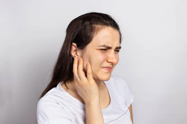 Woman Has Sore Ear Infection Inflammation Infection Otitis Perforation Ruptured — Stock Photo, Image