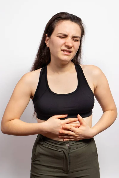 Woman Stomach Hurts Abdominal Pain Due Gastritis Stomach Ulcers Crohn — Stock Photo, Image
