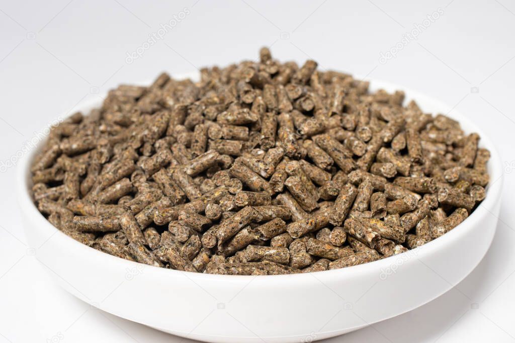 Compound feed for rabbits in a plate on a white background. Rabbit food, balanced pet food. Meals for meat rabbits