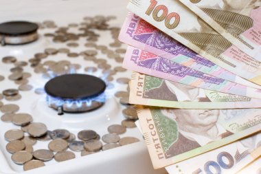Ukrayna hrivniaları fırının arka planındaki bozuk para ve gaz ocaklarına karşı. Benzin ve kamu hizmetleri fiyatı