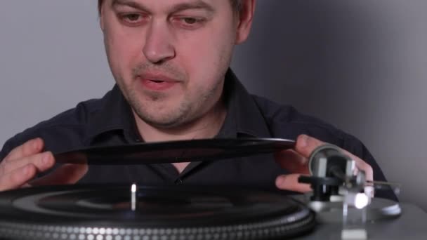 Man Male Years Old Shirt Vintage Record Player While Recording — Stock Video