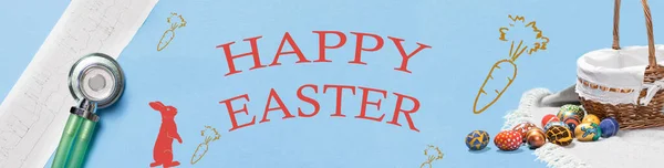 Light minimalistic Easter greeting banner in medical concept with the inscription Happy Easter and the image of a rabbit, a basket and eggs Medicine and Easter