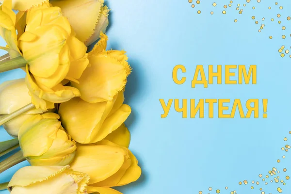 Spanduk Horisontal Dengan Bunga Tulip Kuning Dengan Latar Belakang Biru — Stok Foto