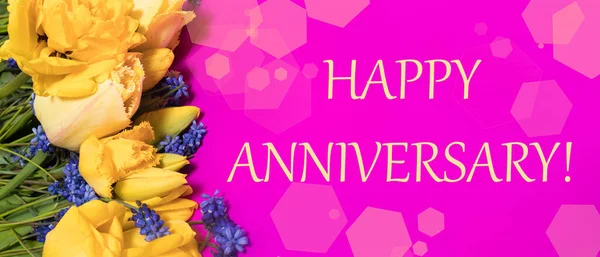 Pink Horizontal Banner Inscription Happy Anniversary Background Yellow Flowers Tulips — Stock Photo, Image