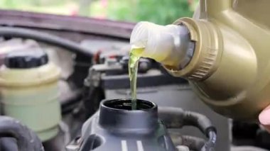 Araba bakım ustası araba motoru için motor yağı döker. Araba bakımı, motor temizliği, araba bakım istasyonu..