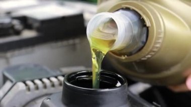 Araba bakım ustası araba motoru için motor yağı döker. Araba bakımı, motor temizliği, araba bakım istasyonu..
