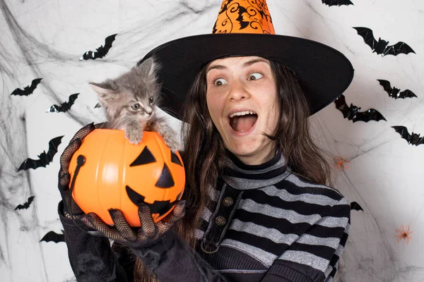 모자를 쓰고 마녀 복장을 한 여자가 고양이와 함께 양동 이 호박을 들고 있다. 할로윈 사람들 과 동물들. — 스톡 사진